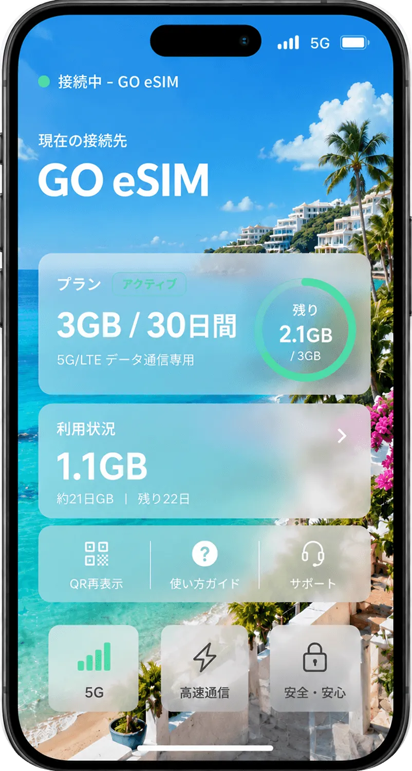 GO eSIMの利用画面（接続中・データ残量の表示）